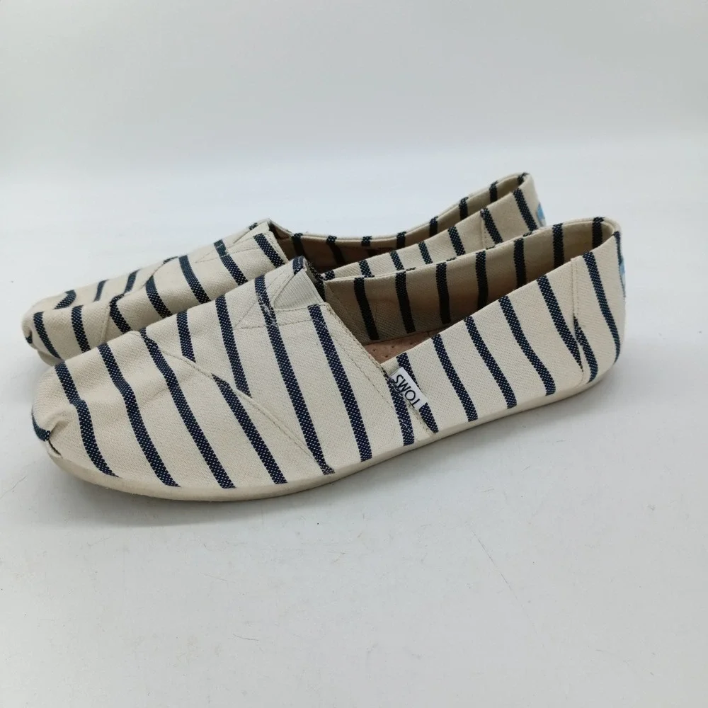 TOMS Alpargata Womens 12 Navy Blue Cream Striped Canvas Slip On Flats Shoes s8